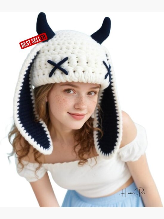 Cute Bunny Long Ears Knit Beanie Hat Fluffy Winter Cap Warm Stretch Skull Cap Knit Beanie Hats Cute Bunny Long Ears Funny Hat Fluffy  main image 3